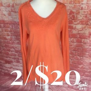 Basic Editions Soft Orange Beaded V Neck Sweater
